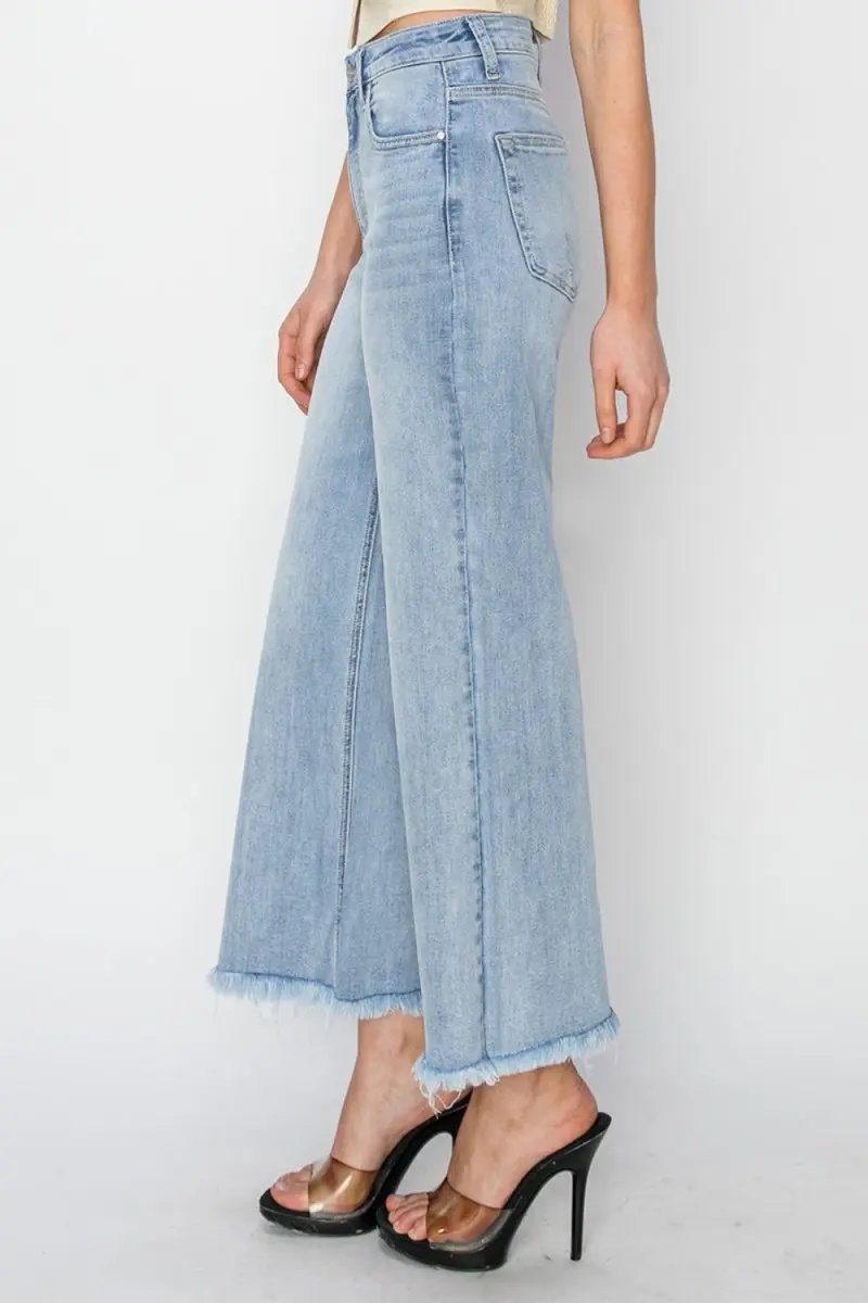 RISEN High Rise Crop Wide Fray Hem Jeans for Women - Love Salve